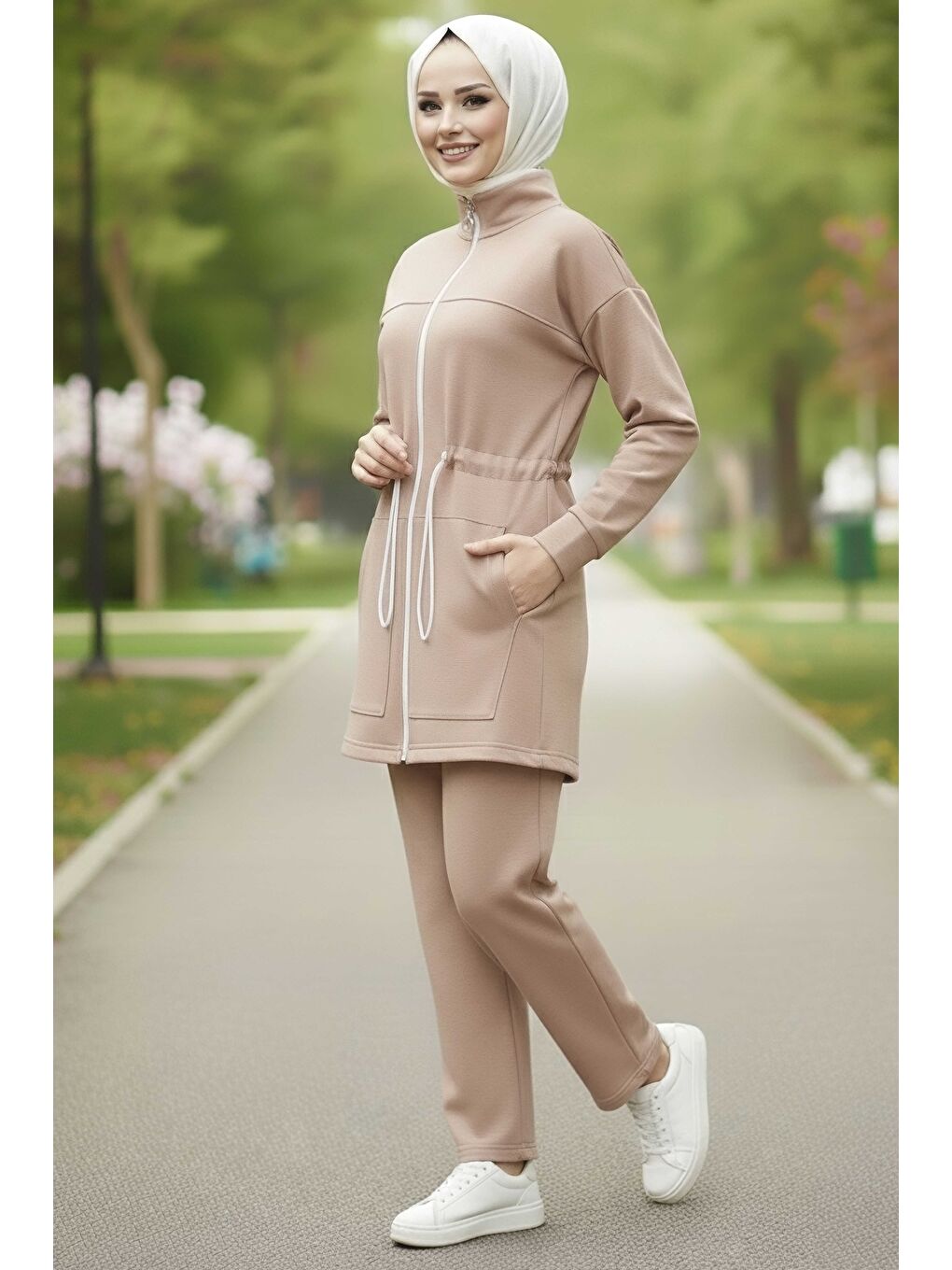 Ekru Belde Lastik Detaylı Fermuarlı Cepli Modal İkili Takım Krem - 28044-KREM-1