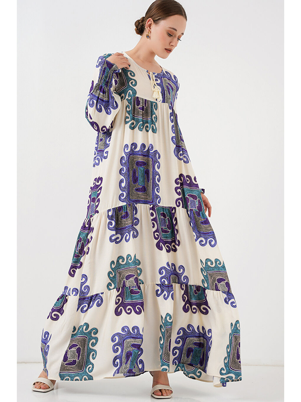 1947 Desenli Uzun Elbise - B.Lila