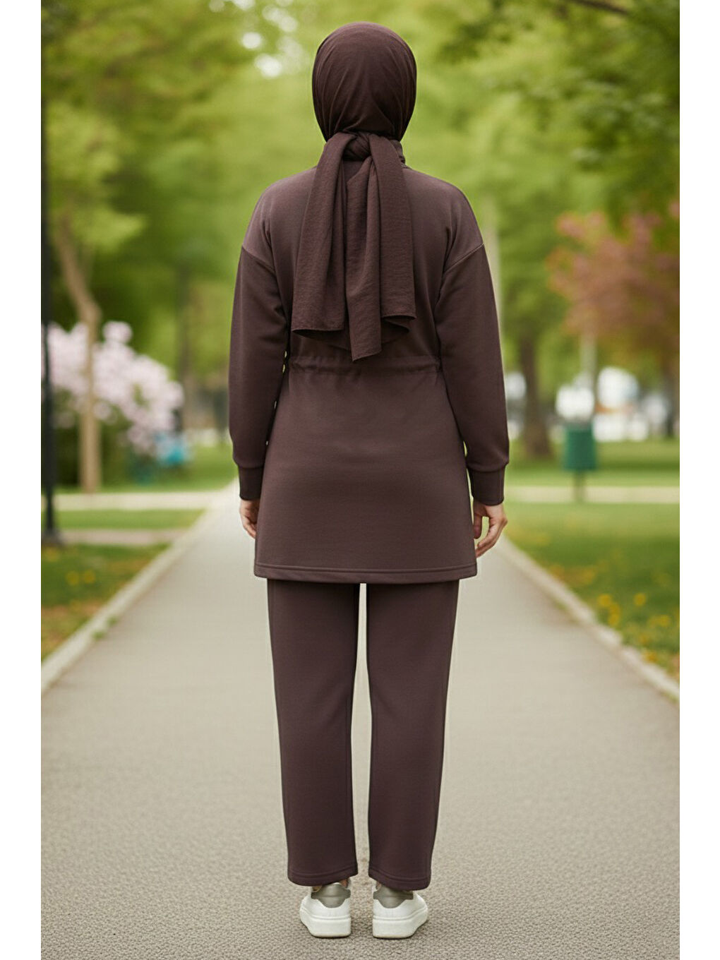 Kahverengi Belde Lastik Detaylı Fermuarlı Cepli Modal İkili Takım Kahve - 28044-KAHVE-2