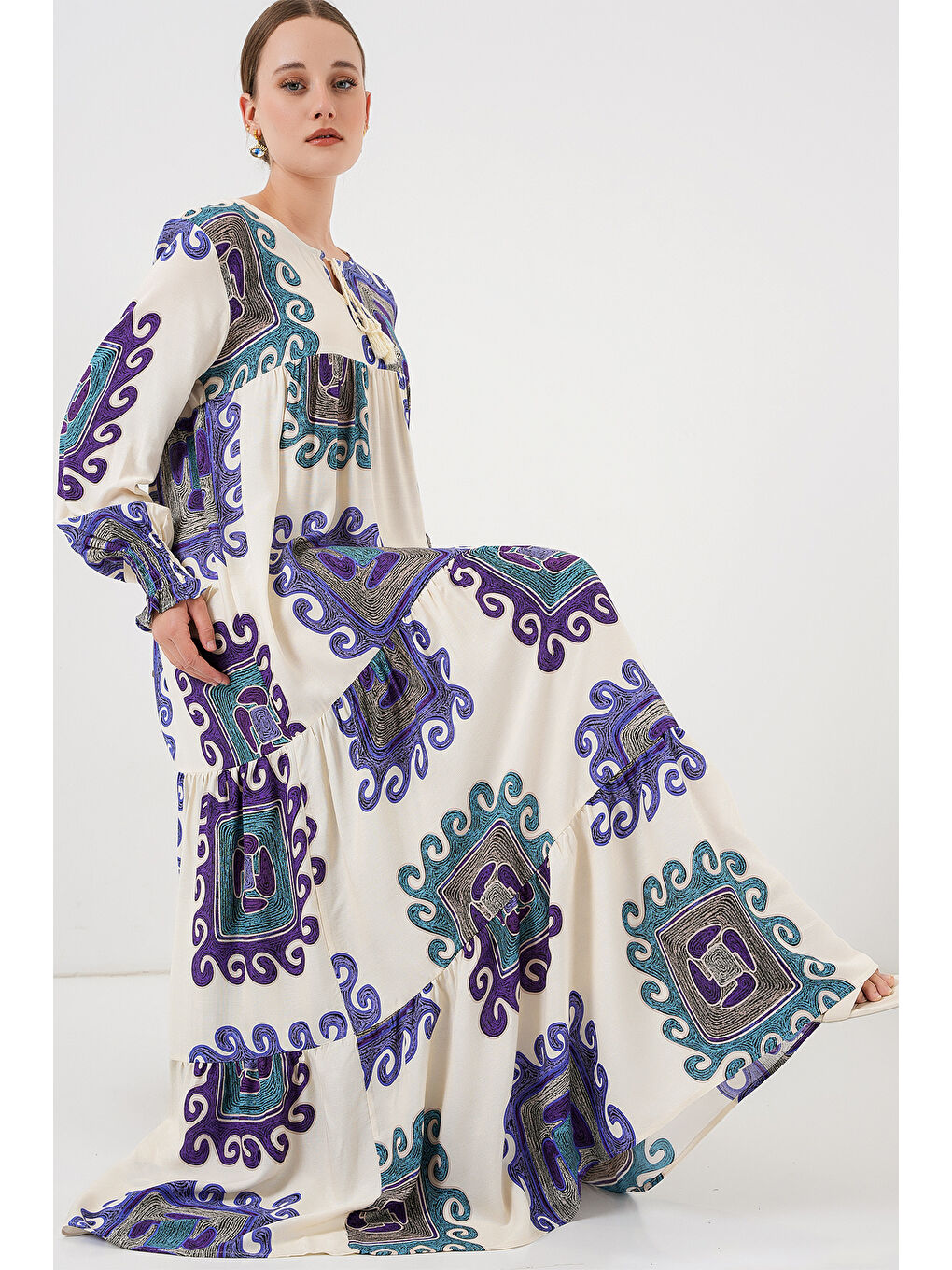 1947 Desenli Uzun Elbise - B.Lila-1