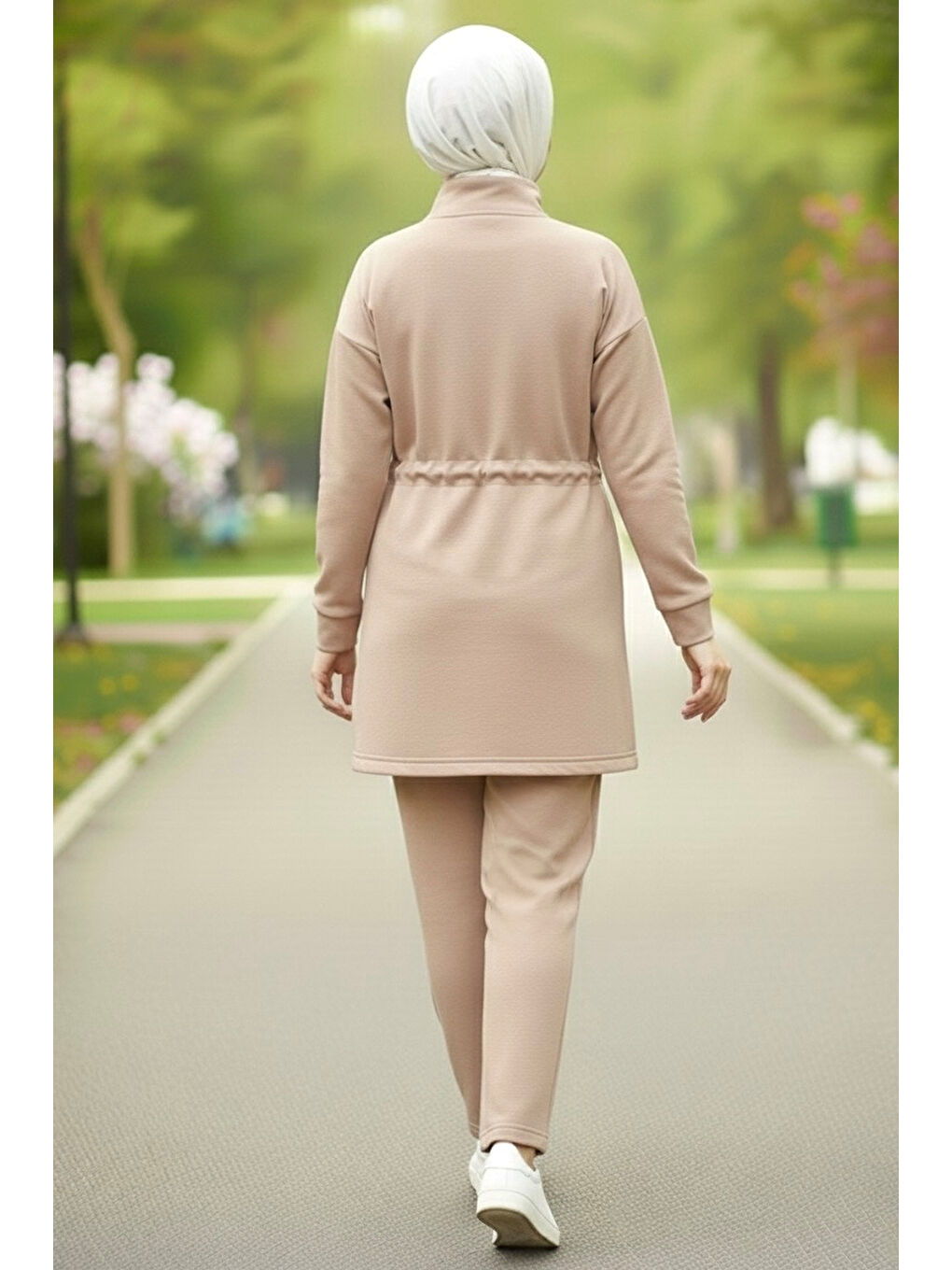 Ekru Belde Lastik Detaylı Fermuarlı Cepli Modal İkili Takım Krem - 28044-KREM-2