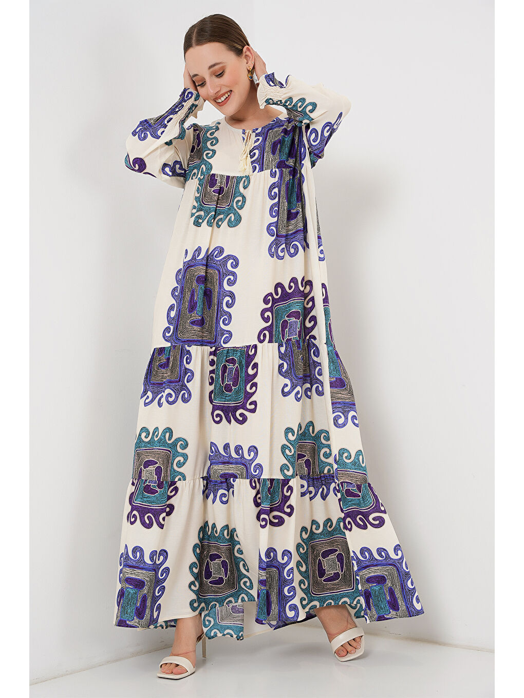 1947 Desenli Uzun Elbise - B.Lila-2