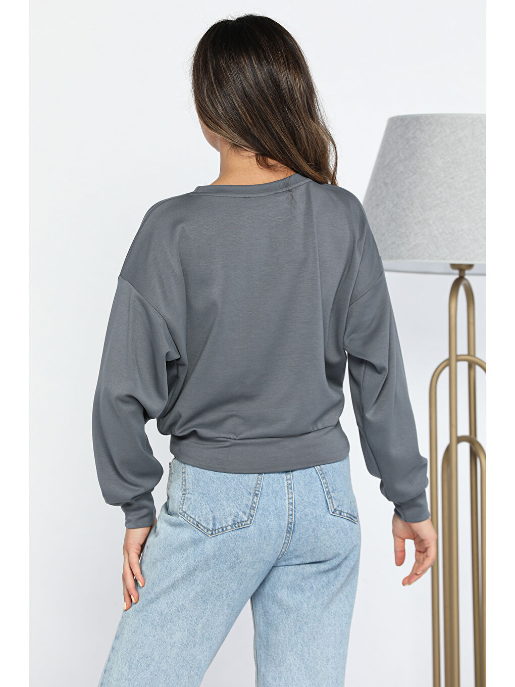 GÜLSELİ Füme Kadın Bisiklet Yaka Pile Detaylı Sweatshirt - 2