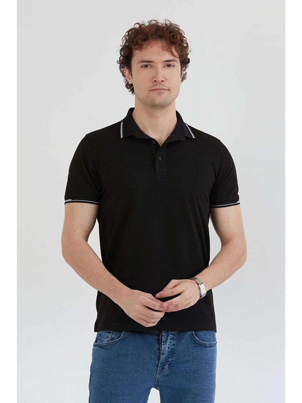 Siyah Basic Yarım Düğmeli Polo Yaka Slim Fit Tişört