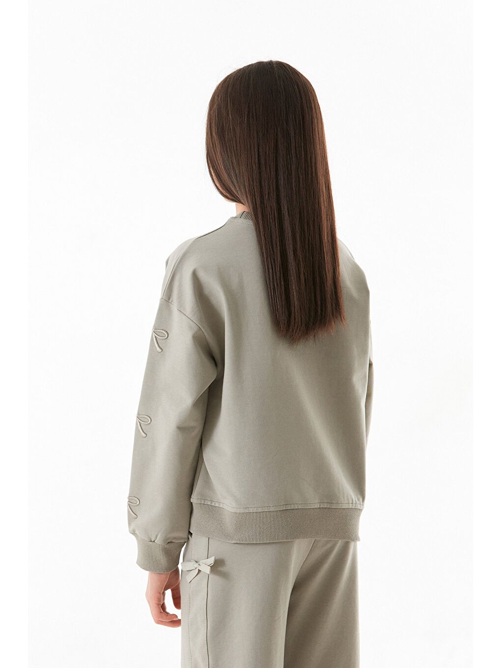 Haki Fiyonk Nakışlı Beli Lastikli Kız Çocuk Sweatshirt-4