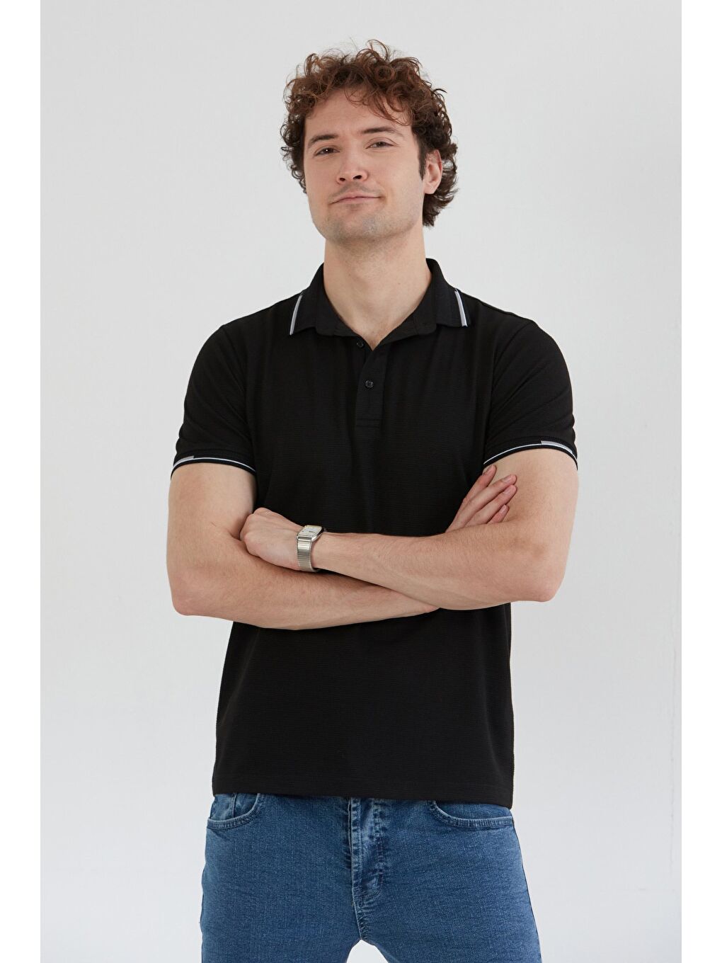Siyah Basic Yarım Düğmeli Polo Yaka Slim Fit Tişört-2