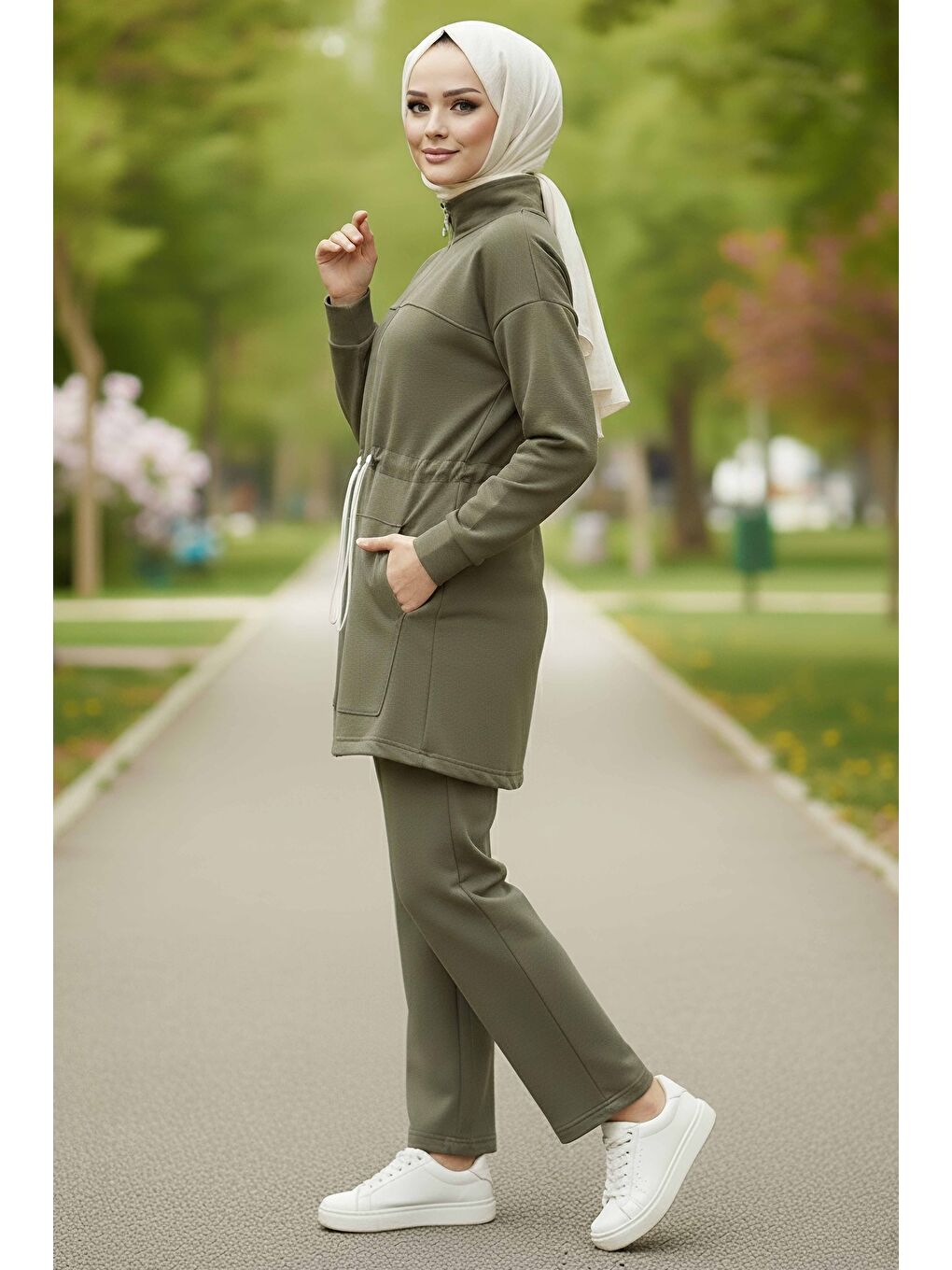 Belde Lastik Detaylı Fermuarlı Cepli Modal İkili Takım Haki - 28044-HAKI-1