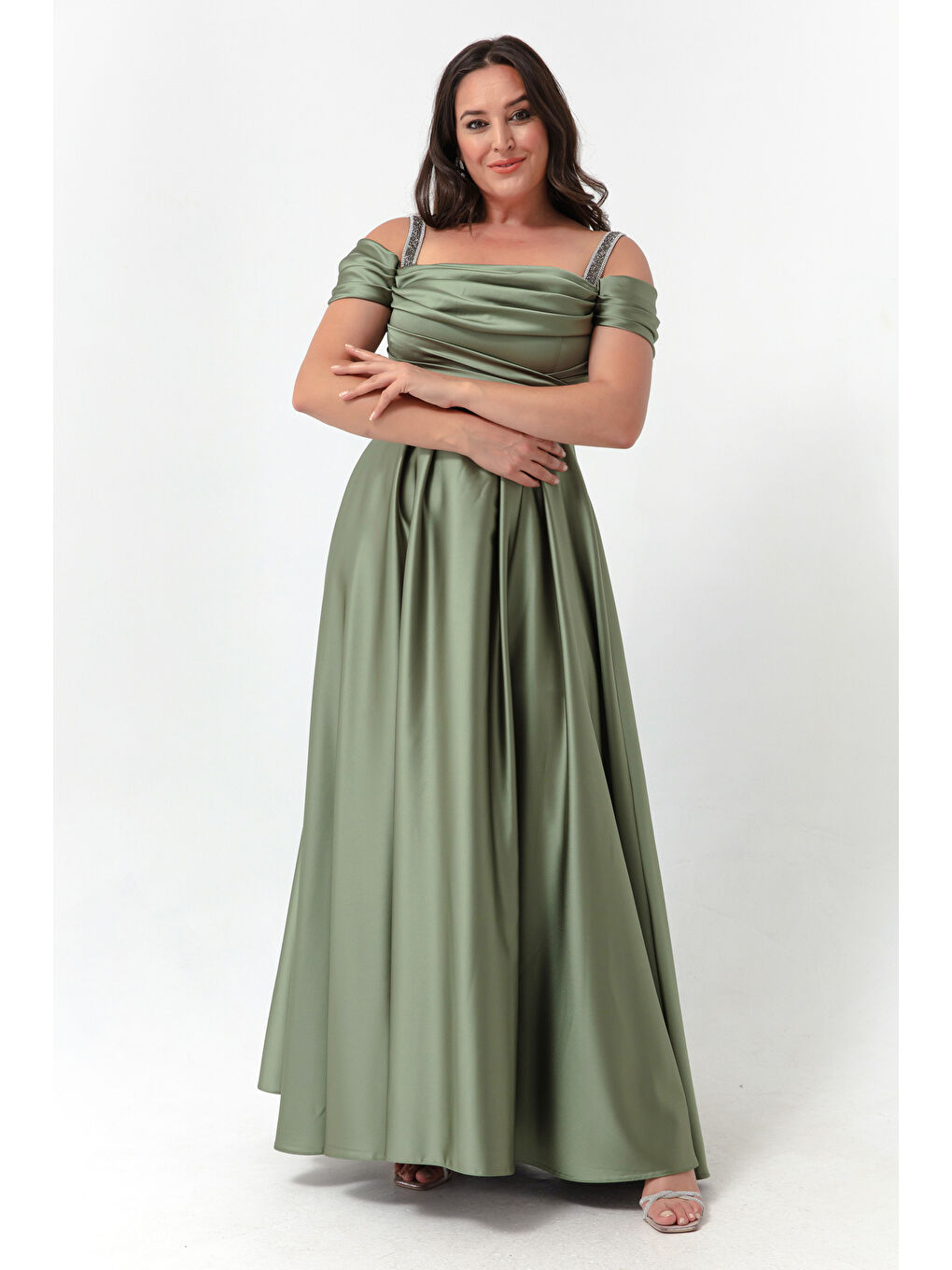 Kadın Haki Taş Askılı Drapeli Büyük Beden Uzun Abiye Elbise-1