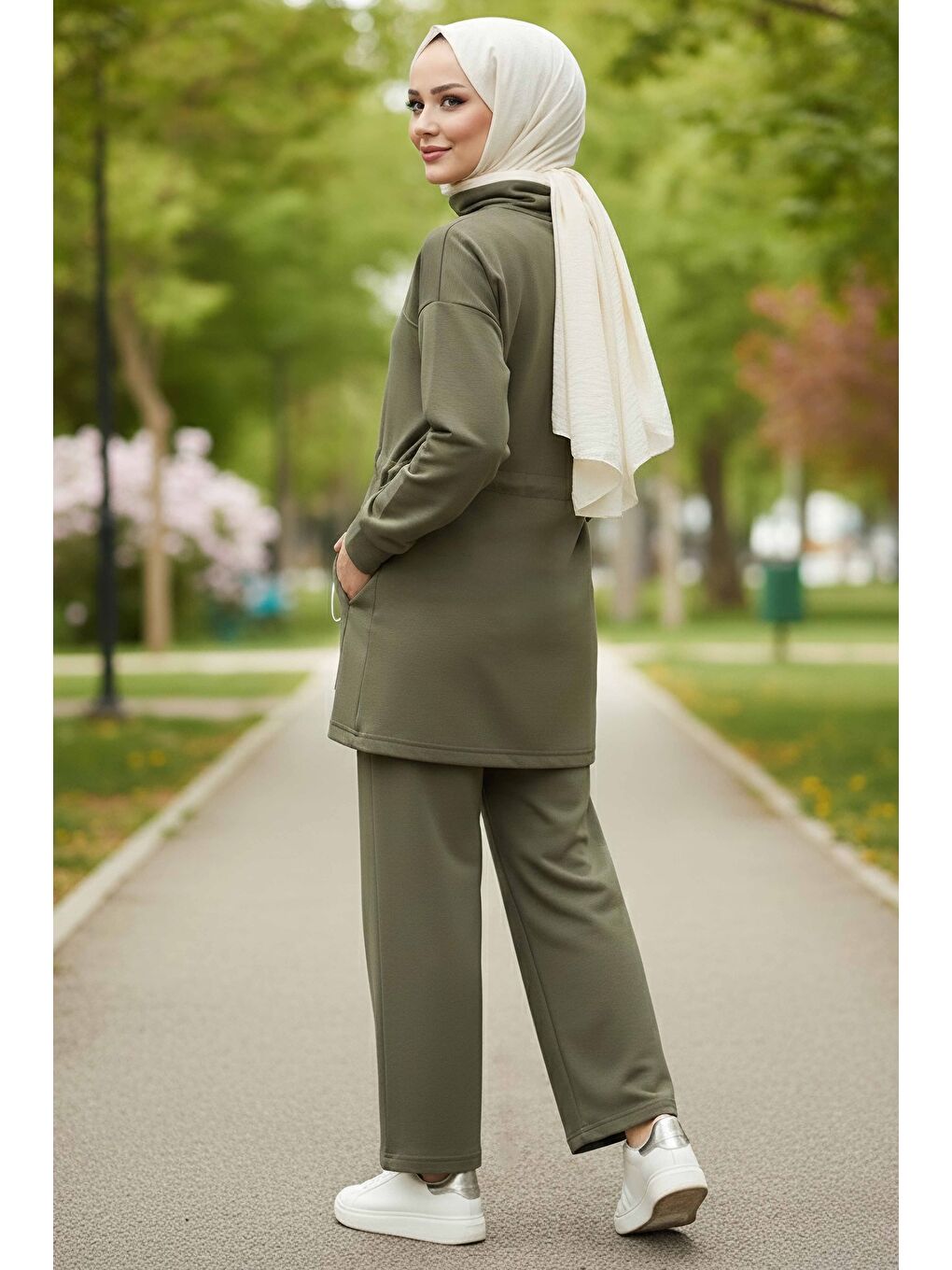 Belde Lastik Detaylı Fermuarlı Cepli Modal İkili Takım Haki - 28044-HAKI-2