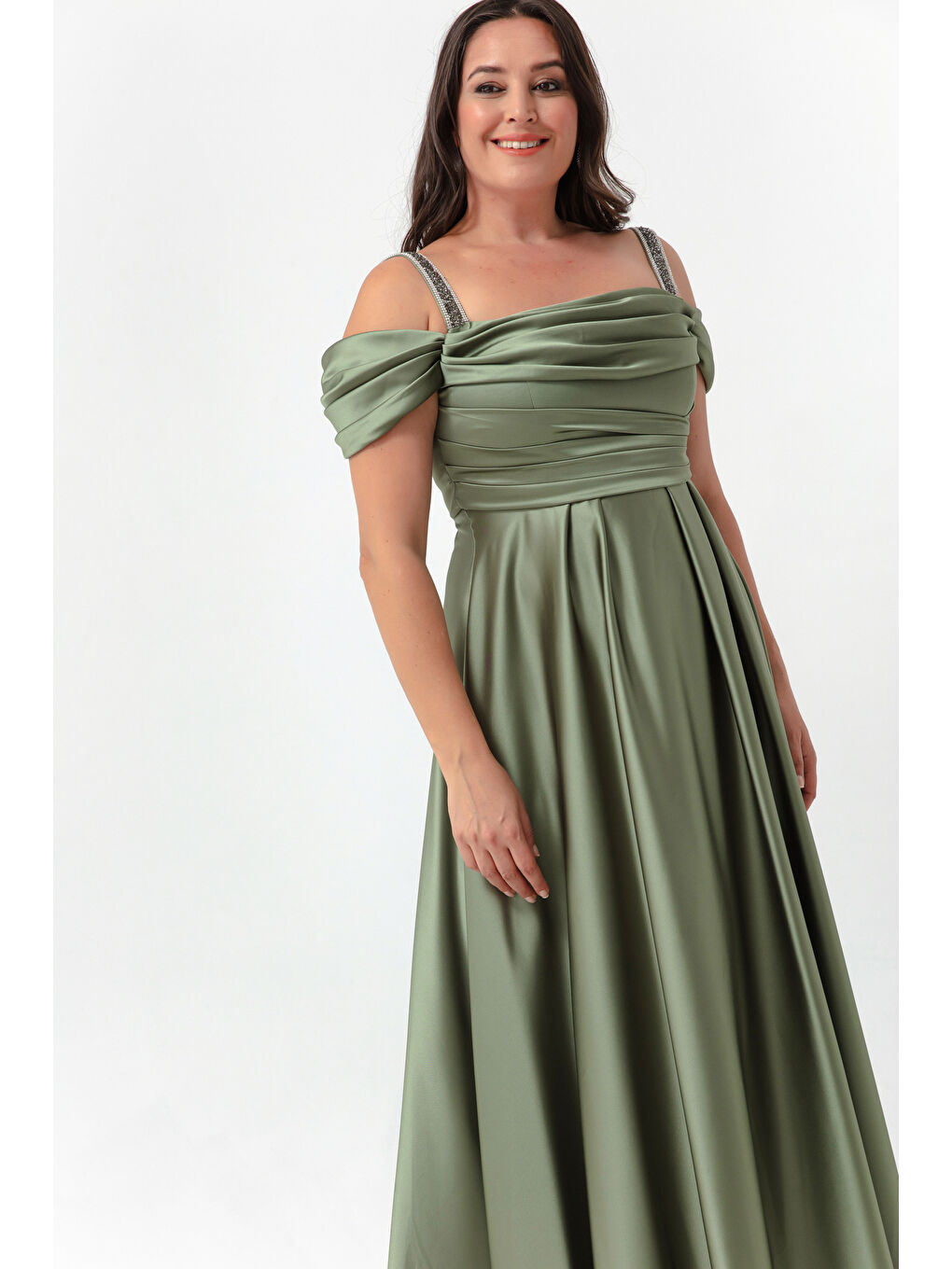 Kadın Haki Taş Askılı Drapeli Büyük Beden Uzun Abiye Elbise-2