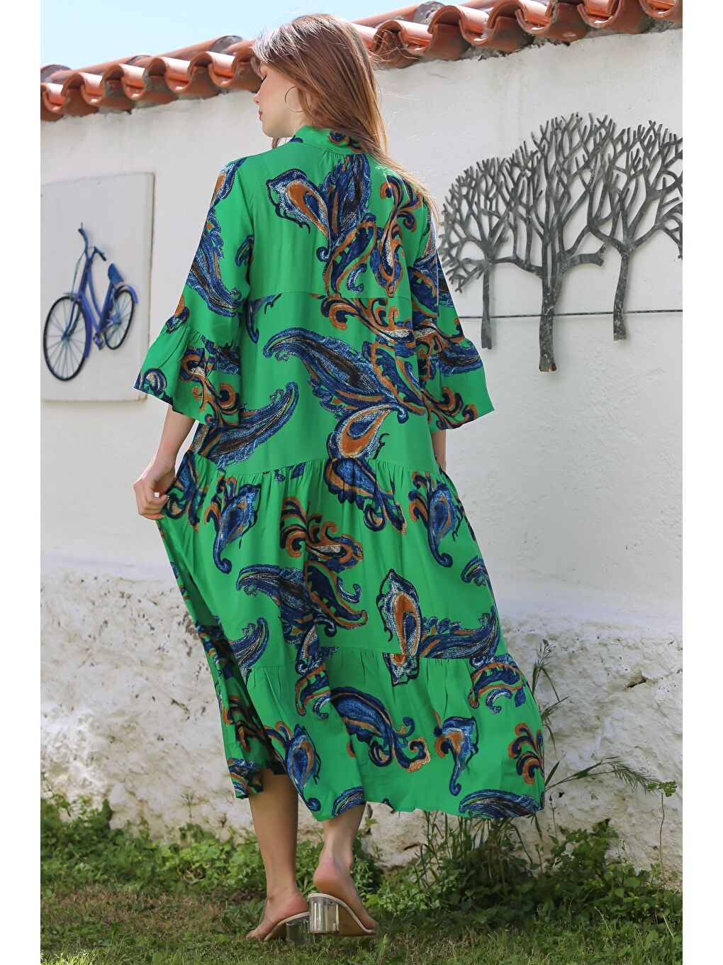Yeşil V Yaka Fırfırlı Kol Şal Desenli Düğmeli Eteği Fırfırlı Casual Viskon Dokuma Elbise 135 60-7