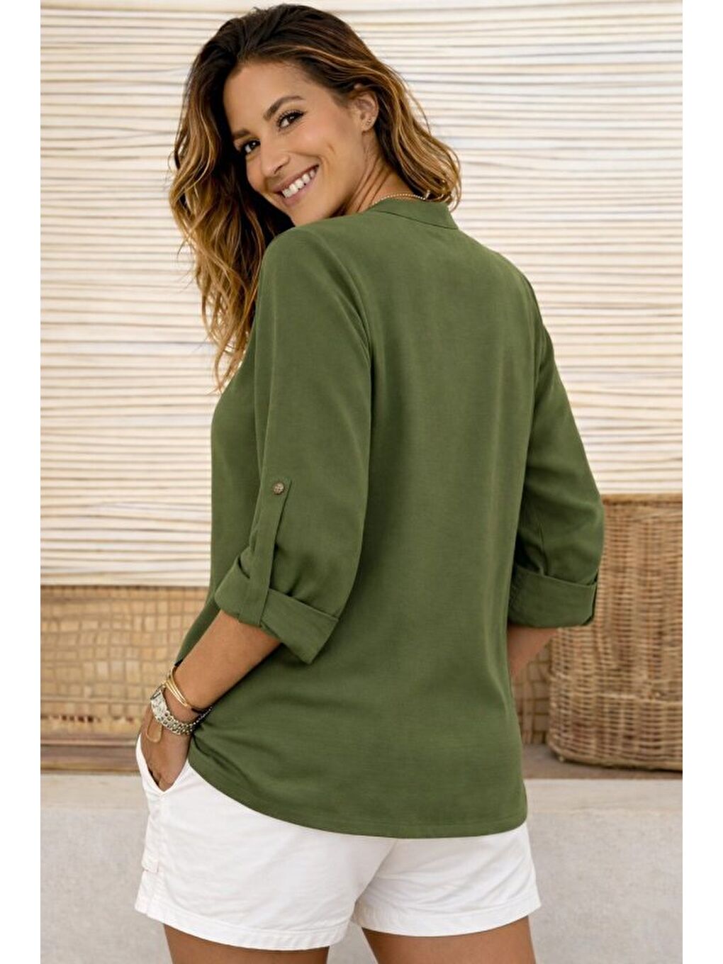 Yeşil Kadın Truvakar Kol Hakim Yakalı Yandan Düğme Detaylı Aerobin Bluz-1
