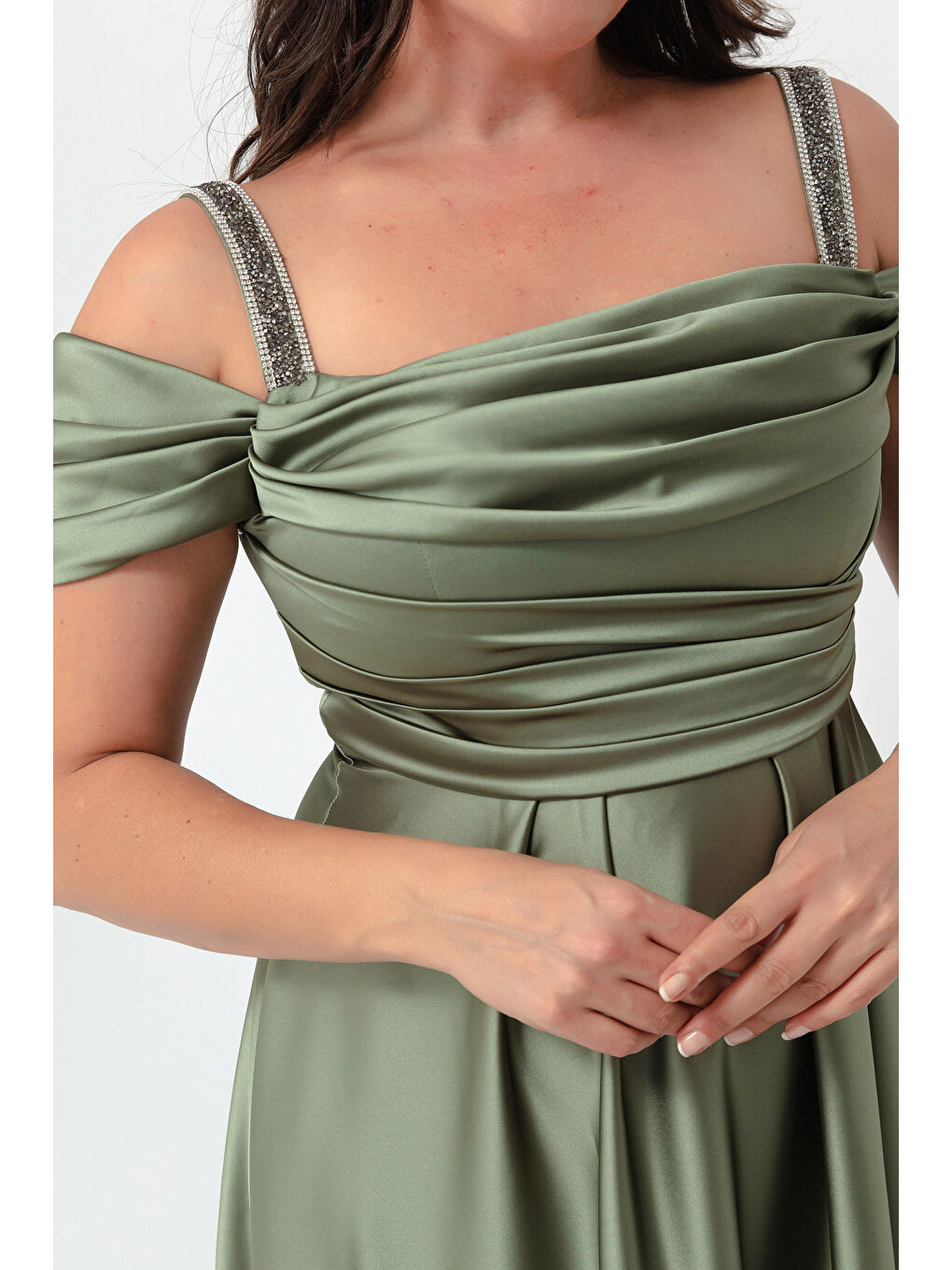 Kadın Haki Taş Askılı Drapeli Büyük Beden Uzun Abiye Elbise-3