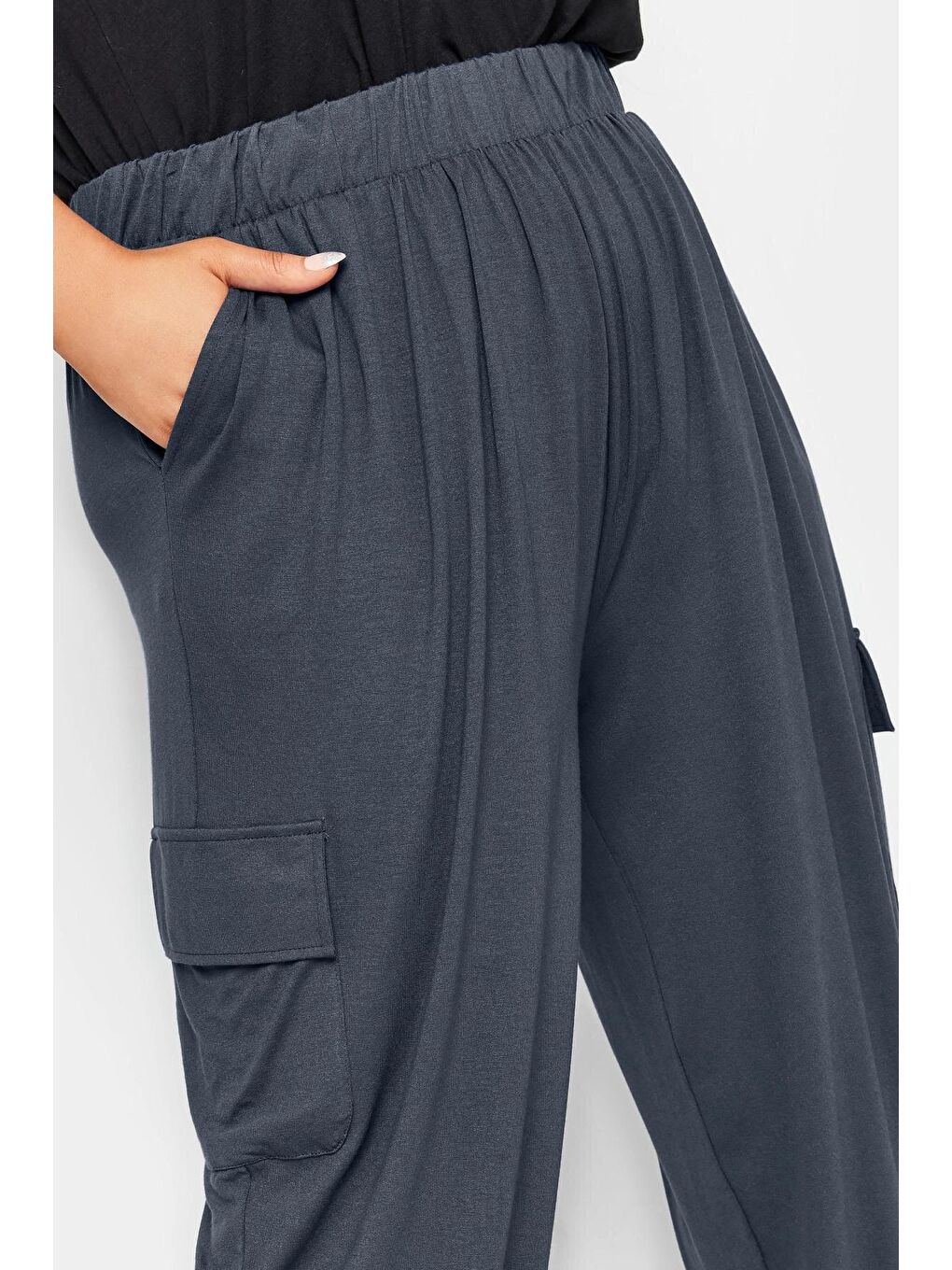Gri Büyük Beden Paçası Lastikli Cepli Elastanlı Esnek Kumaş Kargo Pantolon 143587-3