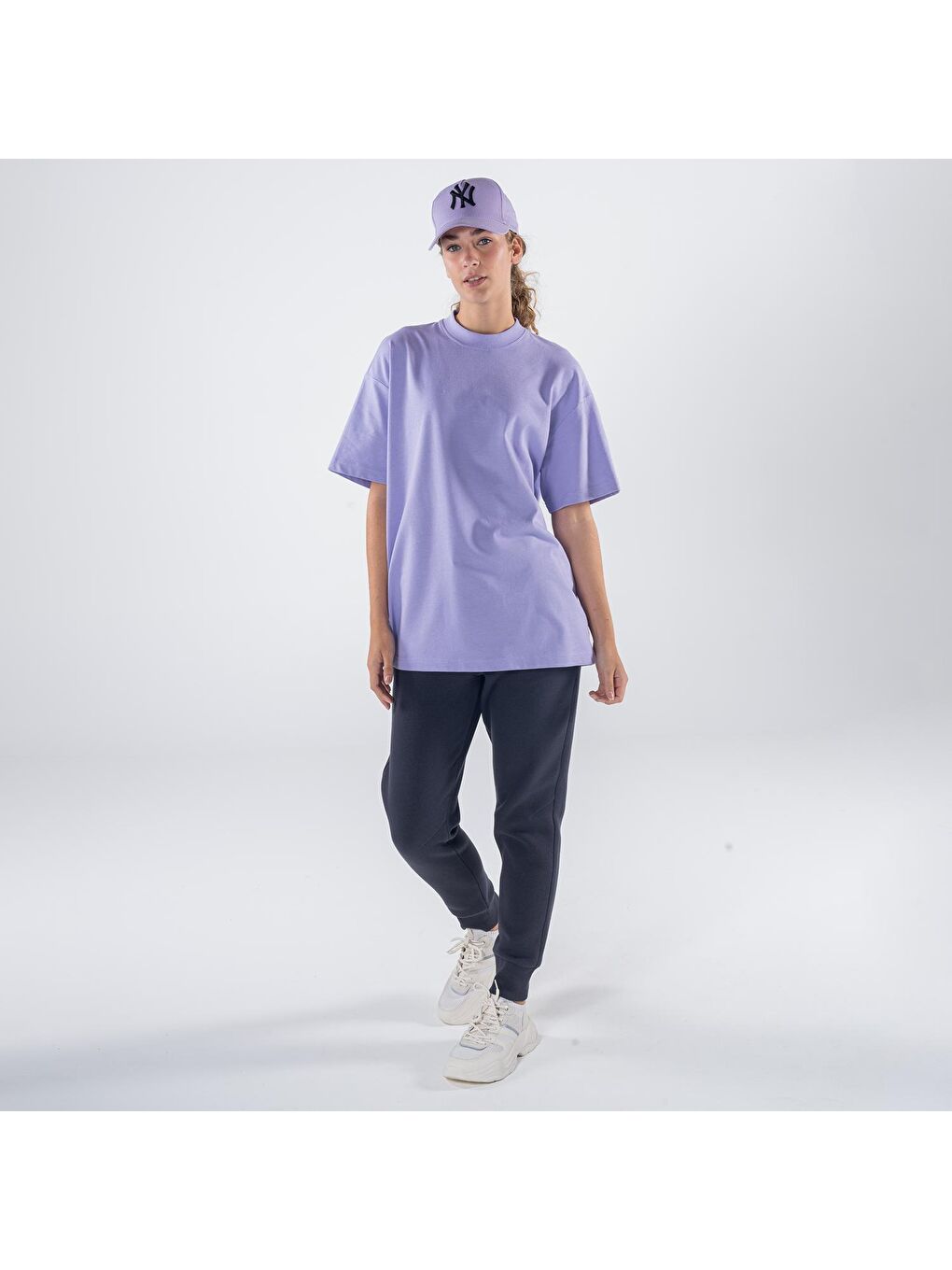 Agar Kadın Lila %100 Koton Bisiklet Yaka Oversize Tişört-4