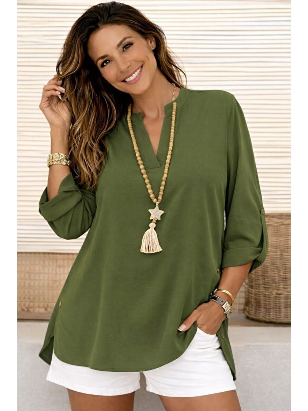 Yeşil Kadın Truvakar Kol Hakim Yakalı Yandan Düğme Detaylı Aerobin Bluz-2
