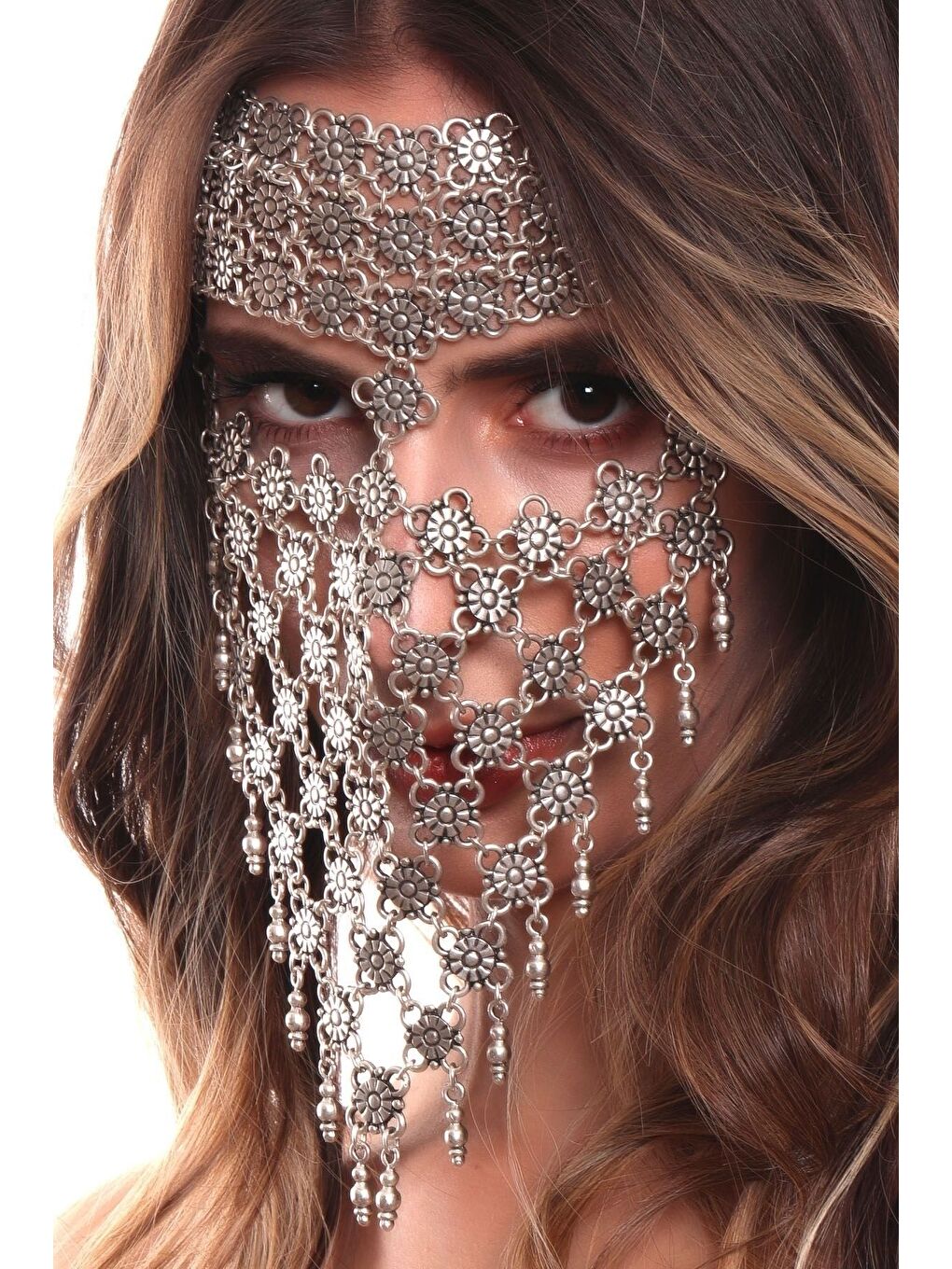 Gri Kadın Antik Gümüş Kaplama Ayarlanabilir El Yapımı Peçe-3