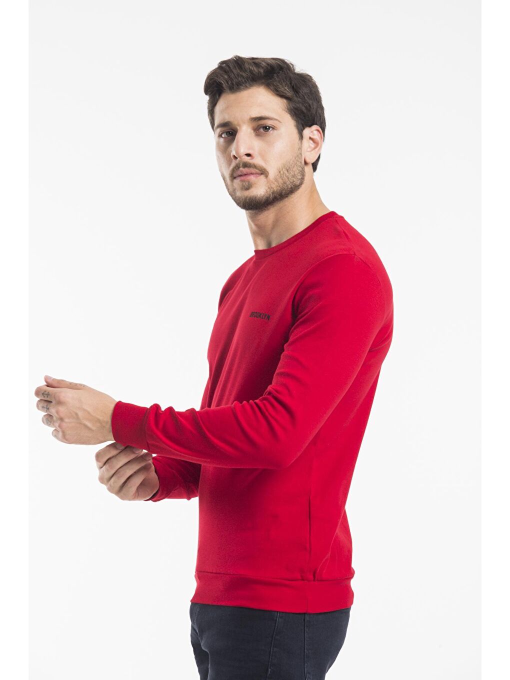 Kırmızı Erkek Bisiklet Yaka Slim Fit Brooklyn Baskılı Sweatshirt SPR22SW18