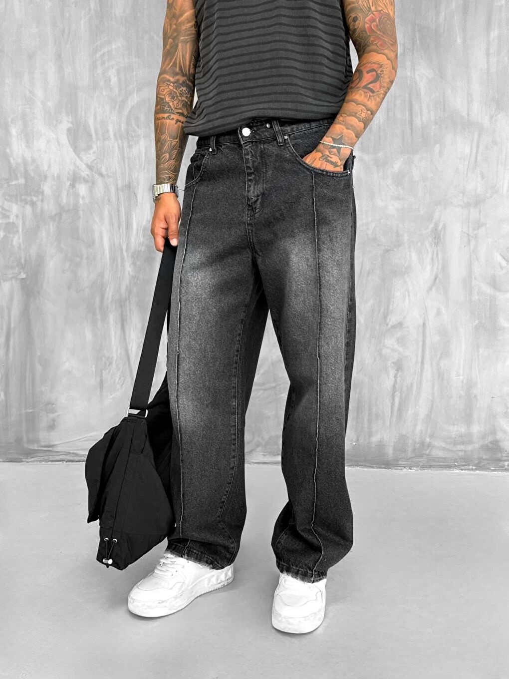 Erkek Ön Dikiş Detaylı Vintage Baggy Jean Siyah-1