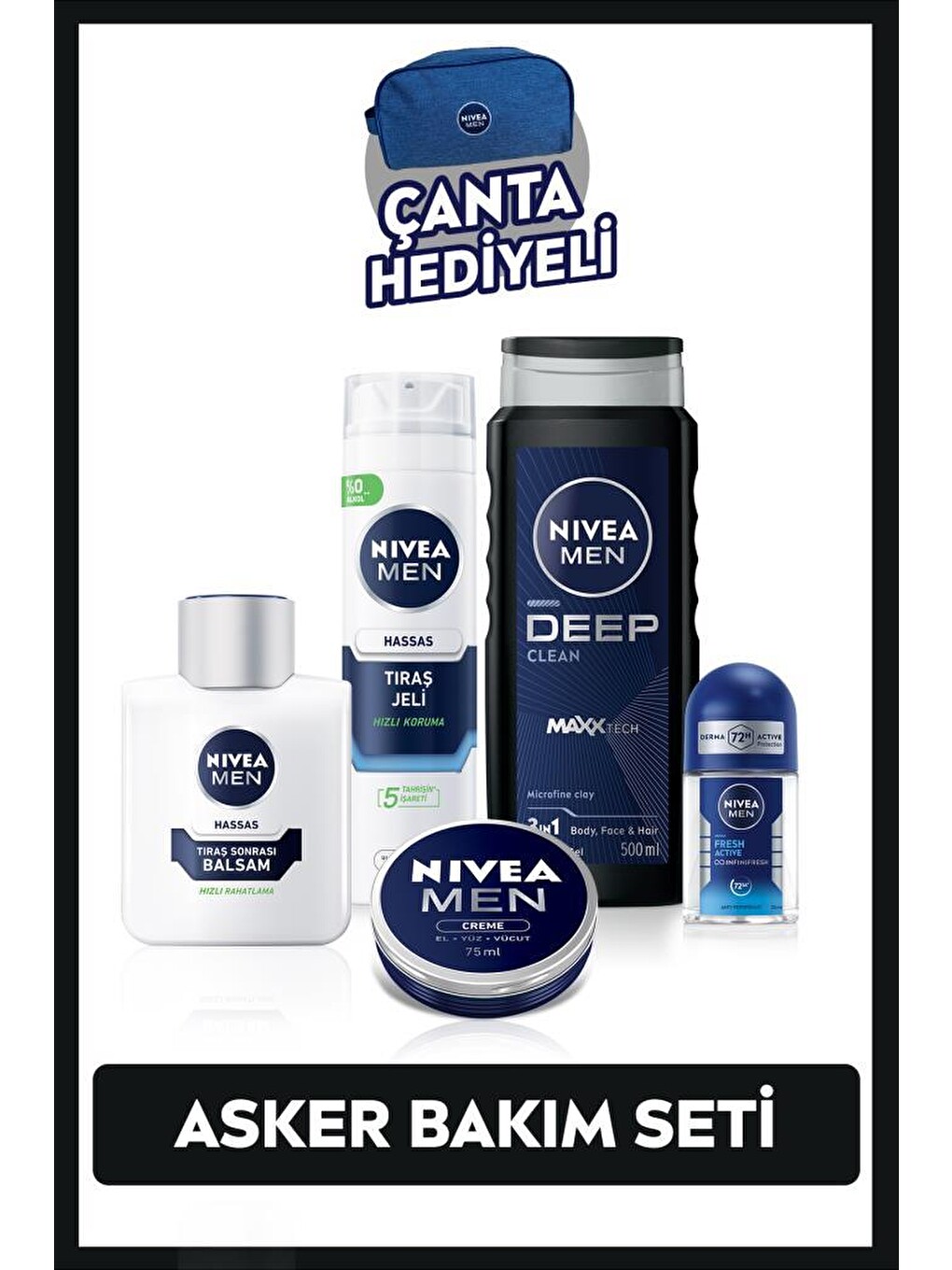 Men Erkek Asker Bakım Seti,duş Jeli, Tıraş Jeli, Balsam, Deodorant 25ml, Nemlendirici,çanta Hediye