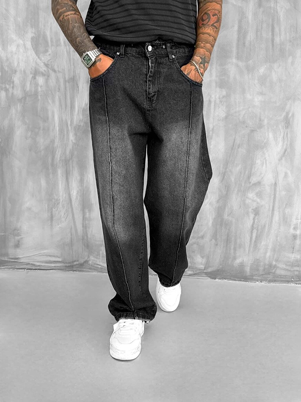 Erkek Ön Dikiş Detaylı Vintage Baggy Jean Siyah-2