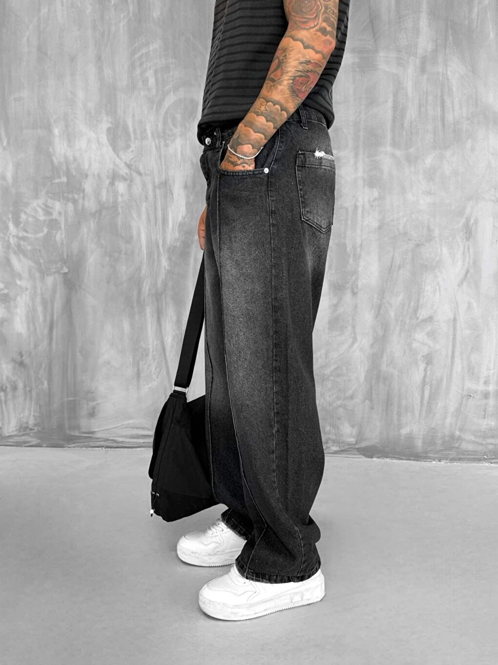 Erkek Ön Dikiş Detaylı Vintage Baggy Jean Siyah-3