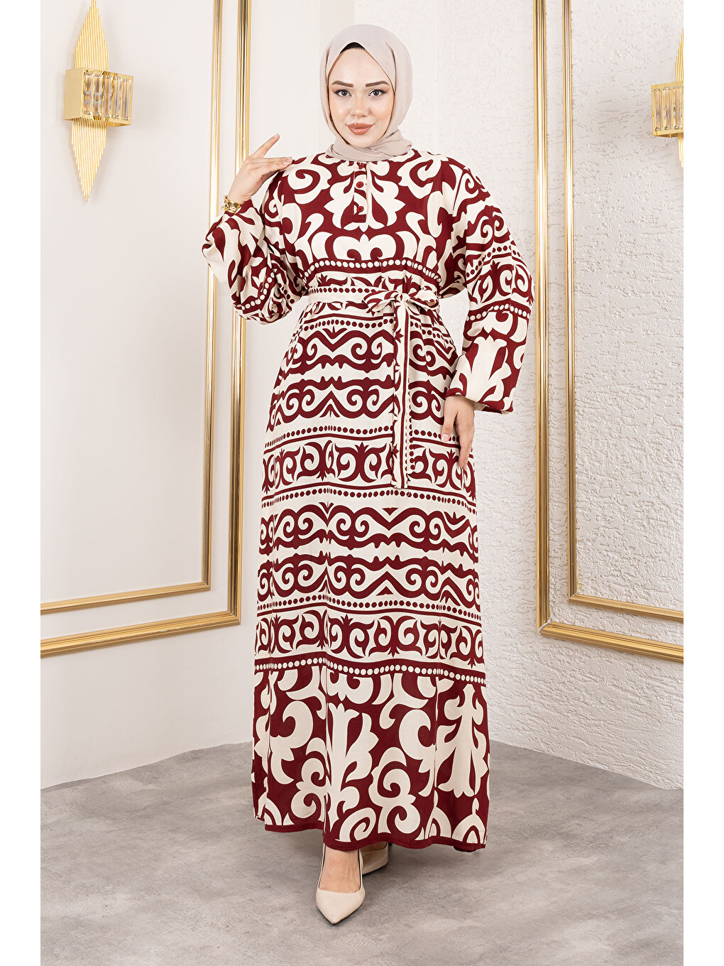 Asel Desenli Viskon Elbise TSD250205 Bordo