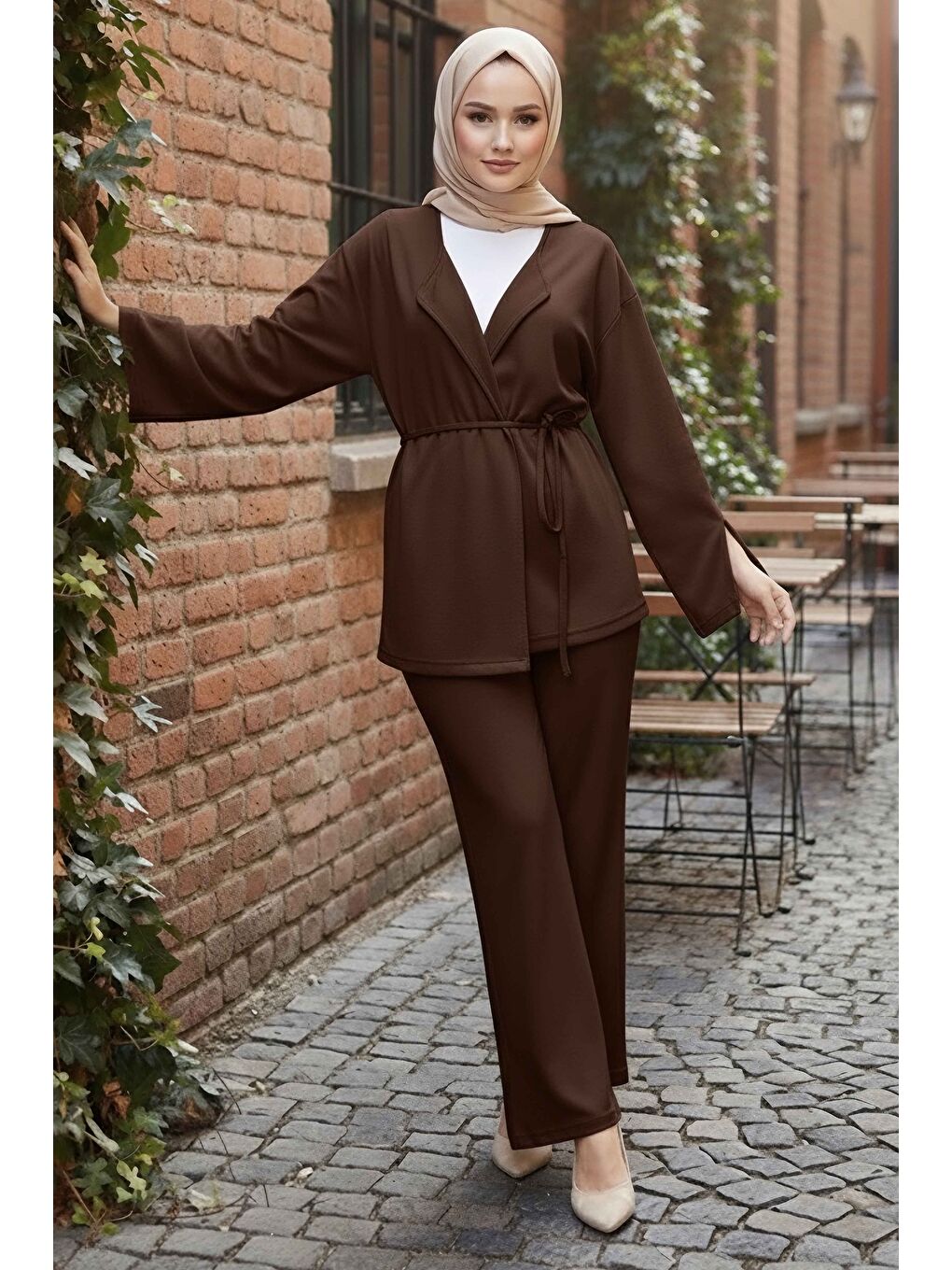 Kahverengi Ceket Pantolon Bluz Modal Üçlü Takım Kahve - 28046-KAHVE