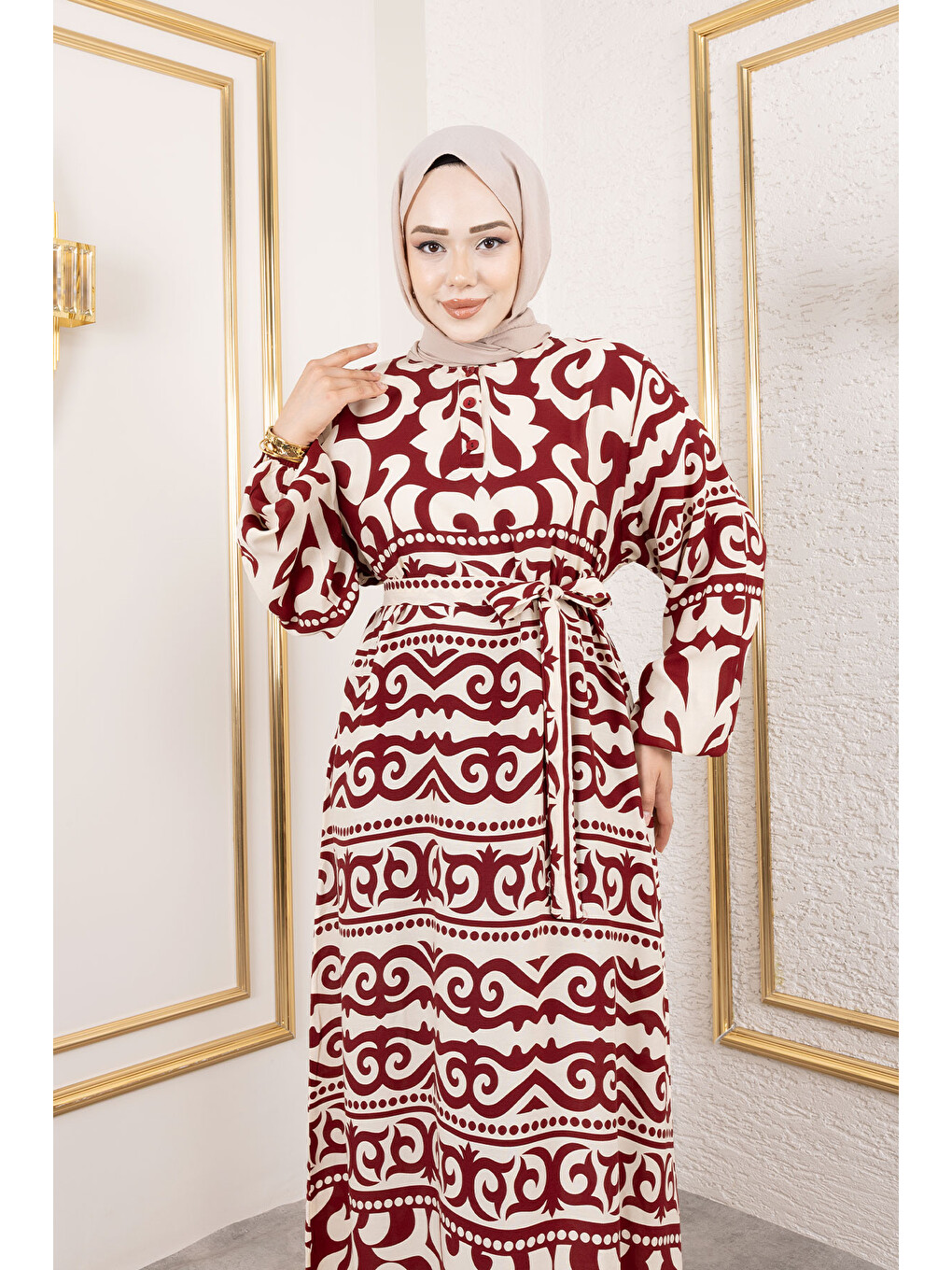 Asel Desenli Viskon Elbise TSD250205 Bordo-1