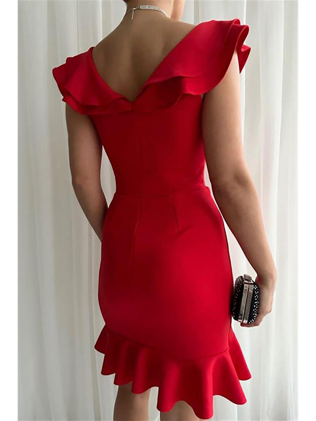 Kırmızı Çift Volanlı Lady Yaka Scuba Kumaş Elbise-3