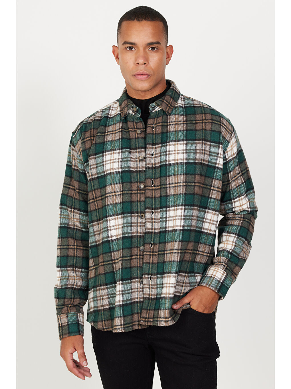 Erkek Haki-Kahve Oversize Fit Geniş Kesim Düğmeli Yaka Ekose Desenli Oduncu Gömlek Ceket