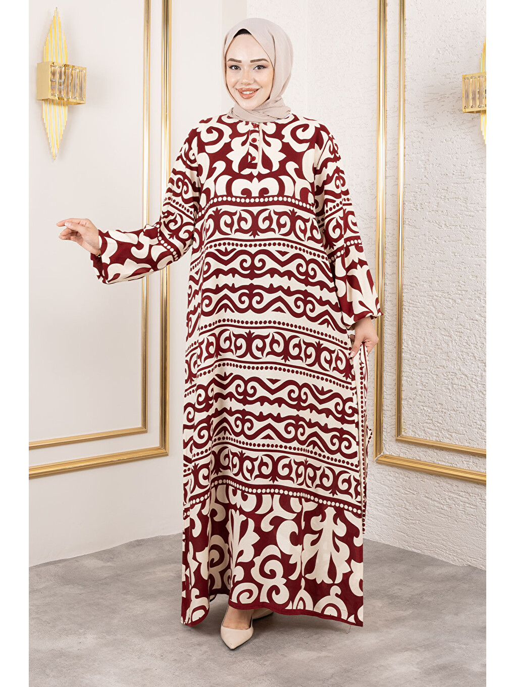 Asel Desenli Viskon Elbise TSD250205 Bordo-2