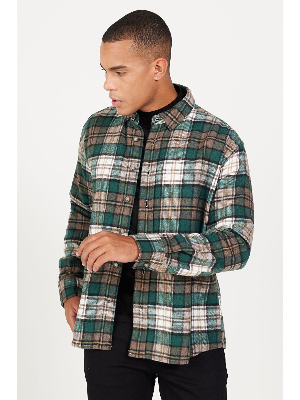 Erkek Haki-Kahve Oversize Fit Geniş Kesim Düğmeli Yaka Ekose Desenli Oduncu Gömlek Ceket-1