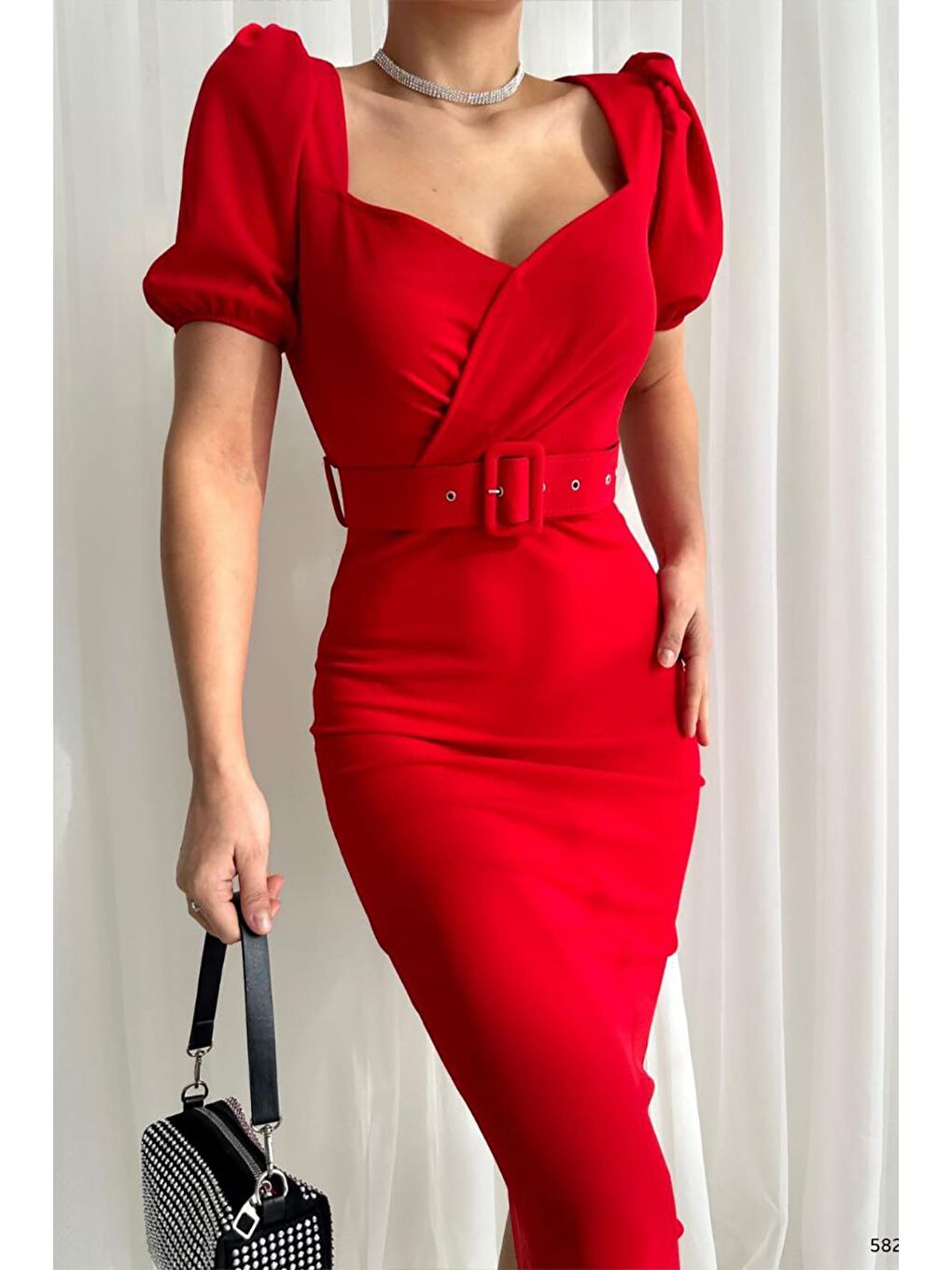 Kırmızı Karpuz Kol Kemerli Krep Kumaş Kalem Elbise-1
