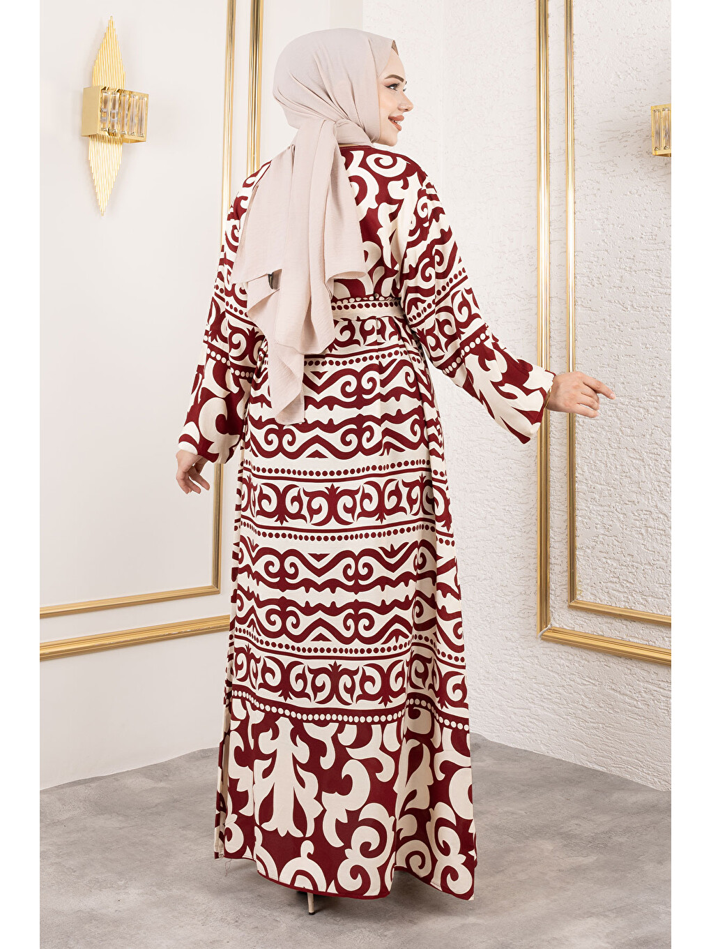 Asel Desenli Viskon Elbise TSD250205 Bordo-4