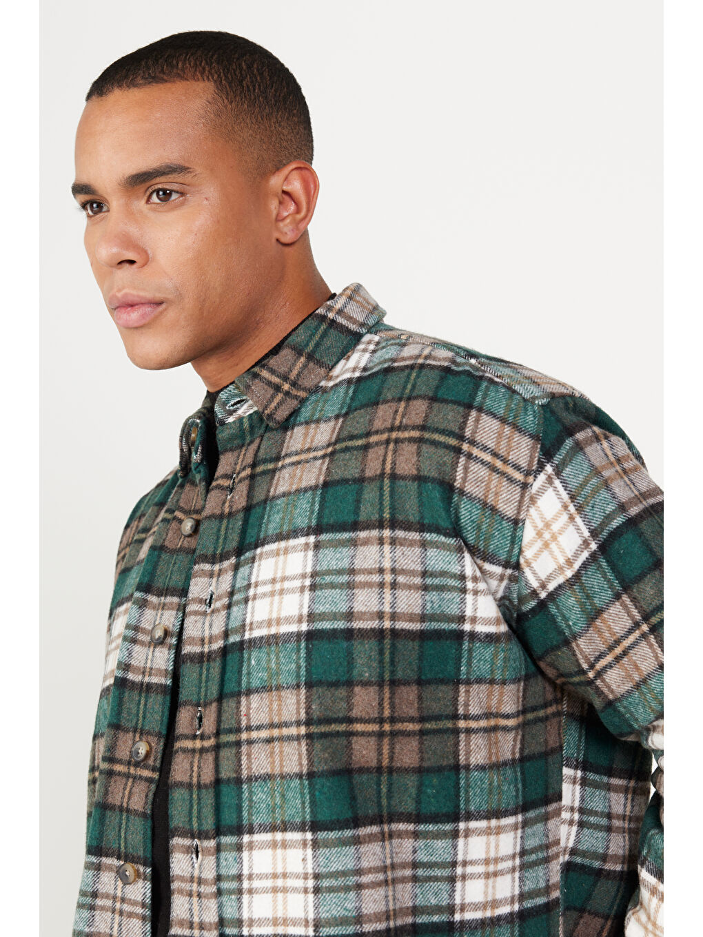 Erkek Haki-Kahve Oversize Fit Geniş Kesim Düğmeli Yaka Ekose Desenli Oduncu Gömlek Ceket-2