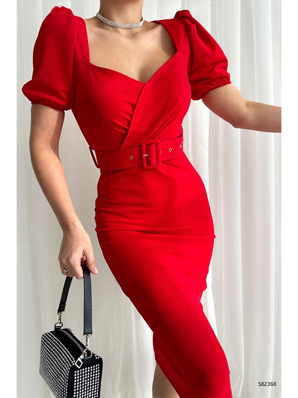 Kırmızı Karpuz Kol Kemerli Krep Kumaş Kalem Elbise-2