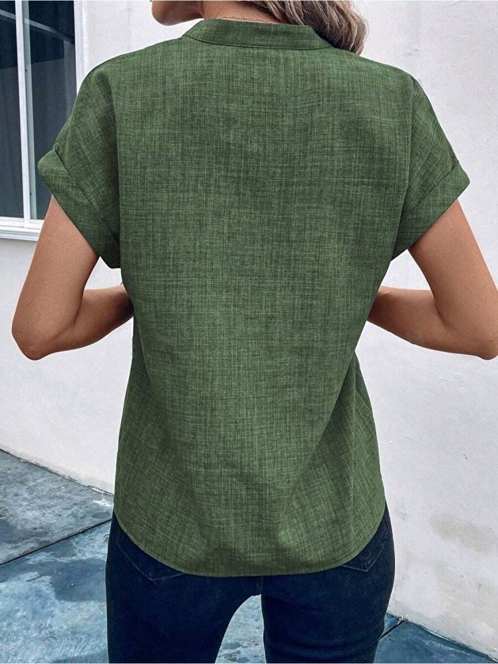 Yeşil Kadın Kısa Kollu Hakim Yaka Sofya Bluz-1