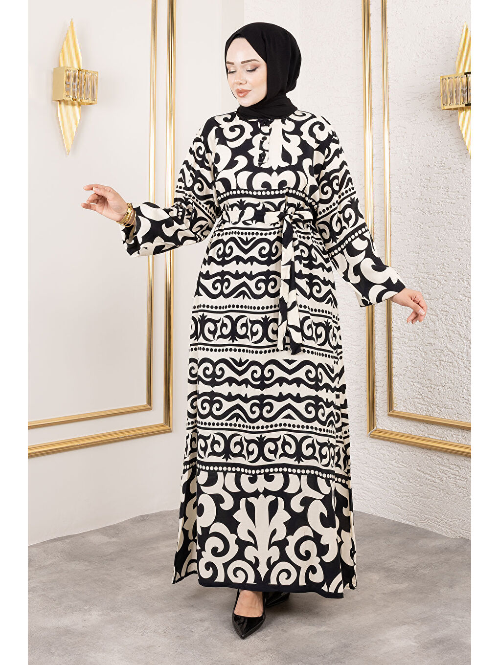 Asel Desenli Viskon Elbise TSD250205 Siyah