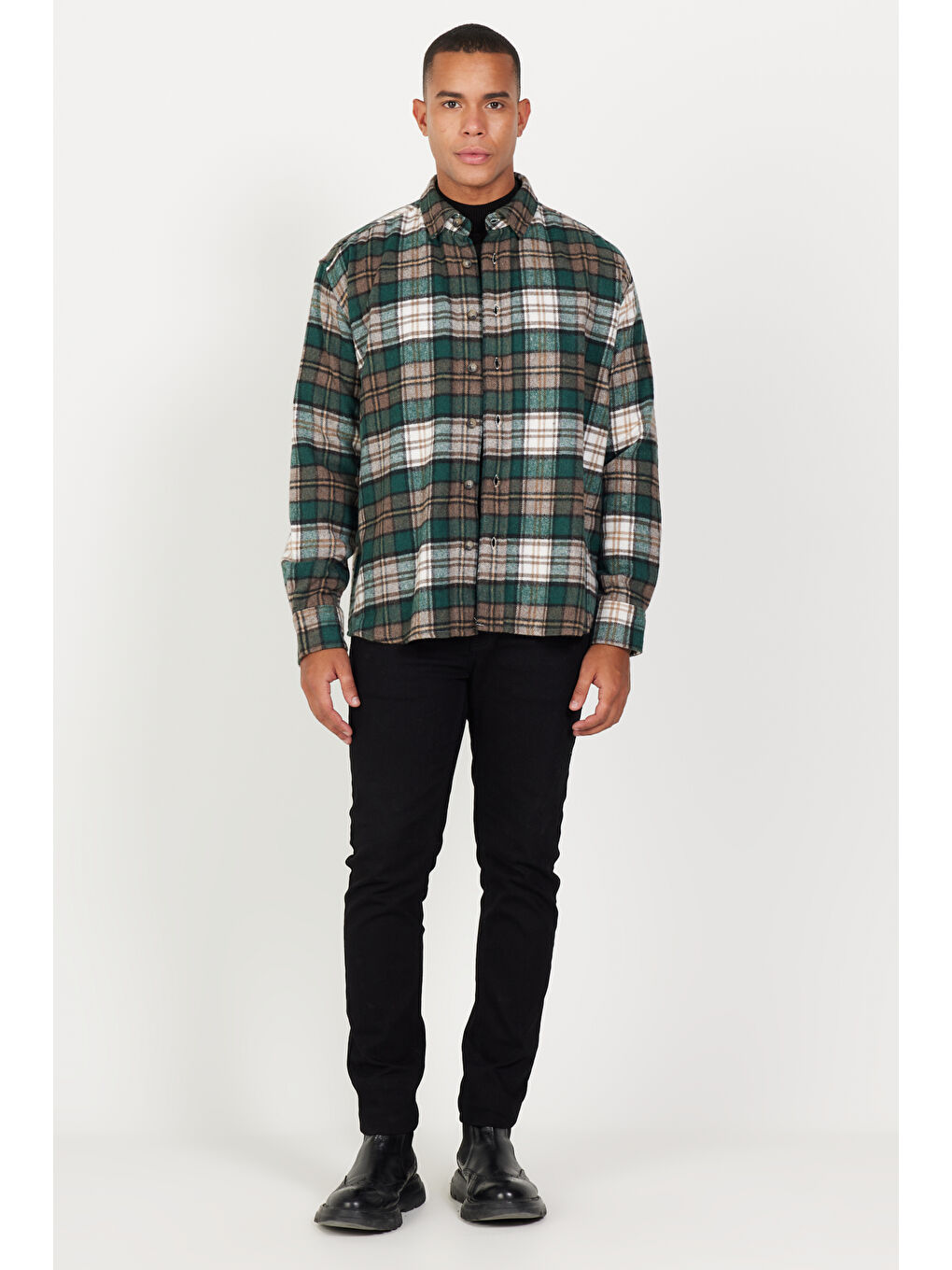 Erkek Haki-Kahve Oversize Fit Geniş Kesim Düğmeli Yaka Ekose Desenli Oduncu Gömlek Ceket-3