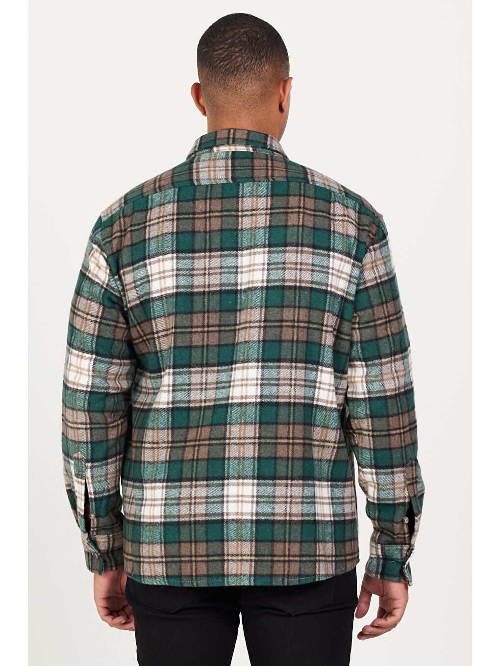 Erkek Haki-Kahve Oversize Fit Geniş Kesim Düğmeli Yaka Ekose Desenli Oduncu Gömlek Ceket-4