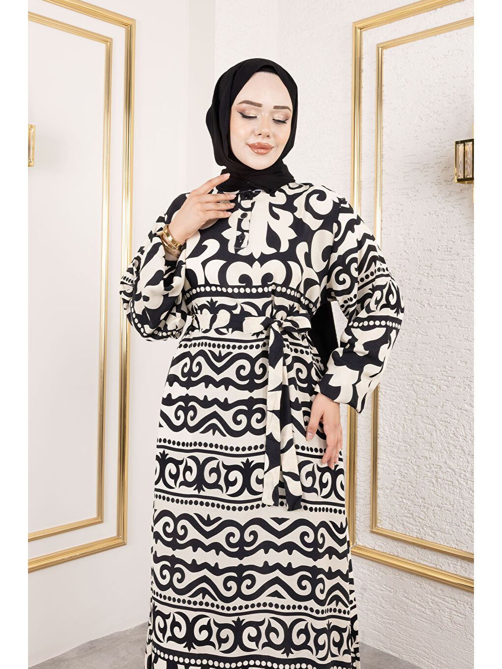 Asel Desenli Viskon Elbise TSD250205 Siyah-1