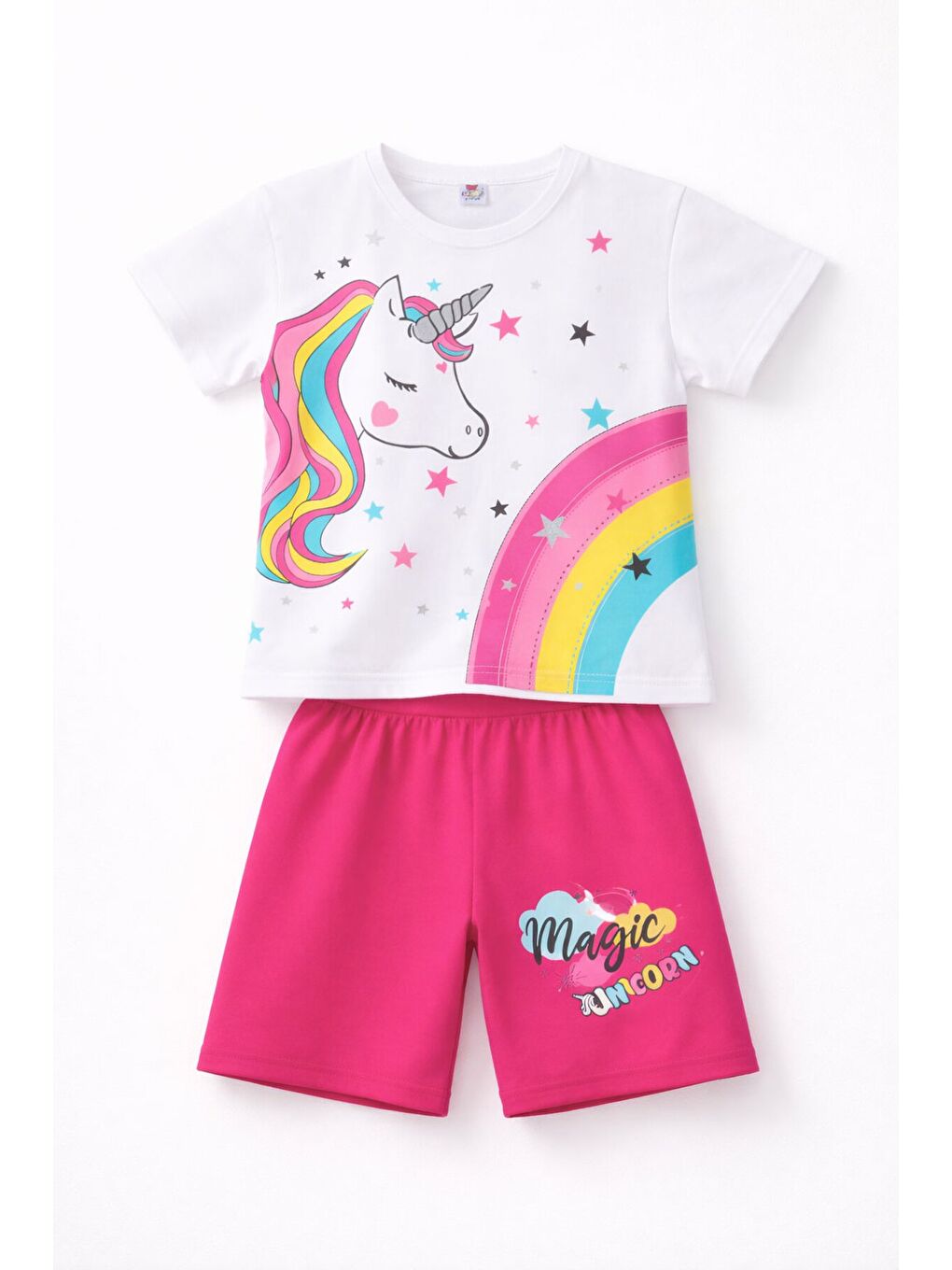 Koyu Pembe Baskılı Simli Kız Çocuk Tişörtlü Şortlu Takım 23797-1