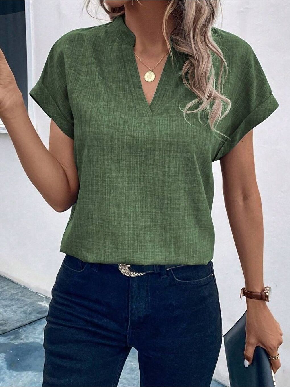 Yeşil Kadın Kısa Kollu Hakim Yaka Sofya Bluz-2