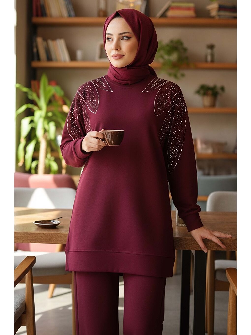 Taş Detaylı Modal İkili Takım Bordo - 28045-BORDO-1