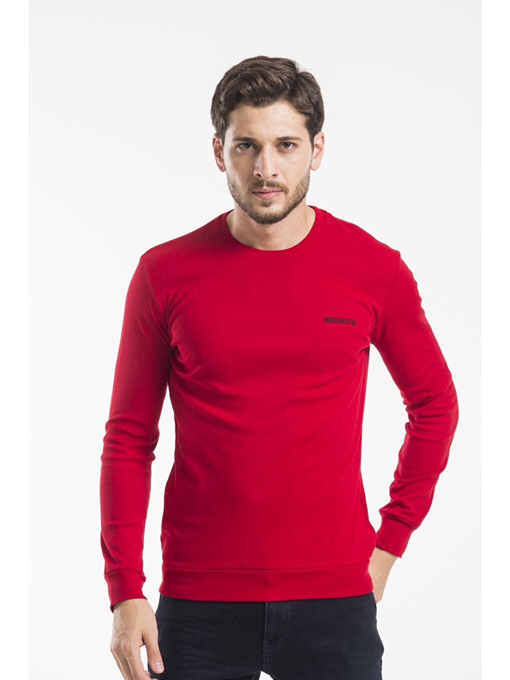 Kırmızı Erkek Bisiklet Yaka Slim Fit Brooklyn Baskılı Sweatshirt SPR22SW18-2