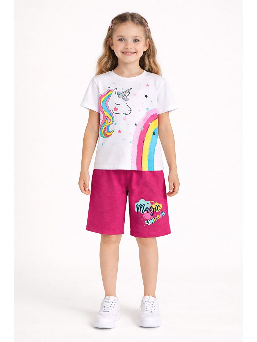Koyu Pembe Baskılı Simli Kız Çocuk Tişörtlü Şortlu Takım 23797-2