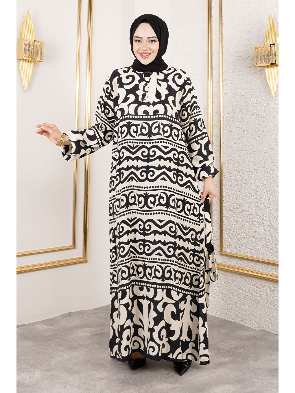 Asel Desenli Viskon Elbise TSD250205 Siyah-2