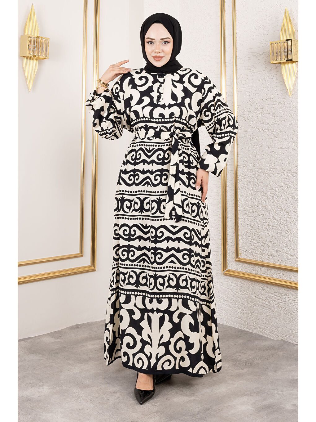 Asel Desenli Viskon Elbise TSD250205 Siyah-3