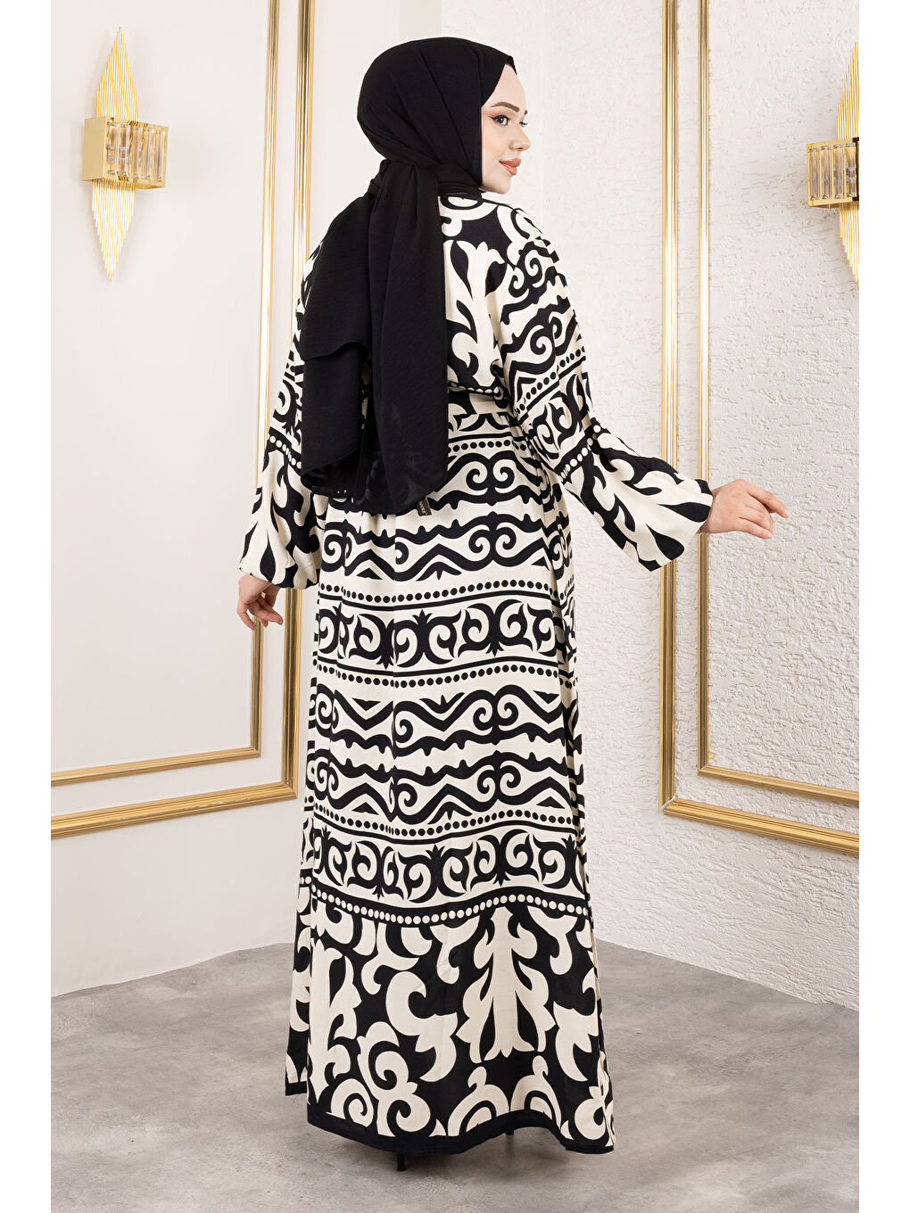 Asel Desenli Viskon Elbise TSD250205 Siyah-4